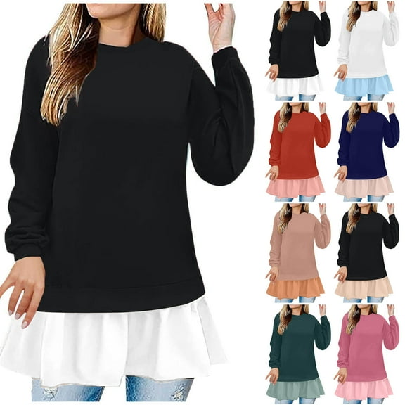 ATOYSOY Women's Color Block Babydolls Pullover Long Sleeve Tees Fall Winter Fashion Loose Dressy Tops Crew Neck Sweatshirts Outwear Casual Shirts Fake Two Beige L