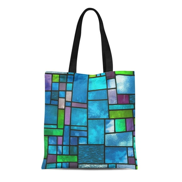 POGLIP Canvas Tote Bag Multicolored Stained Glass Window Irregular Block Pattern Reusable Shoulder Grocery Shopping Bags Handbag