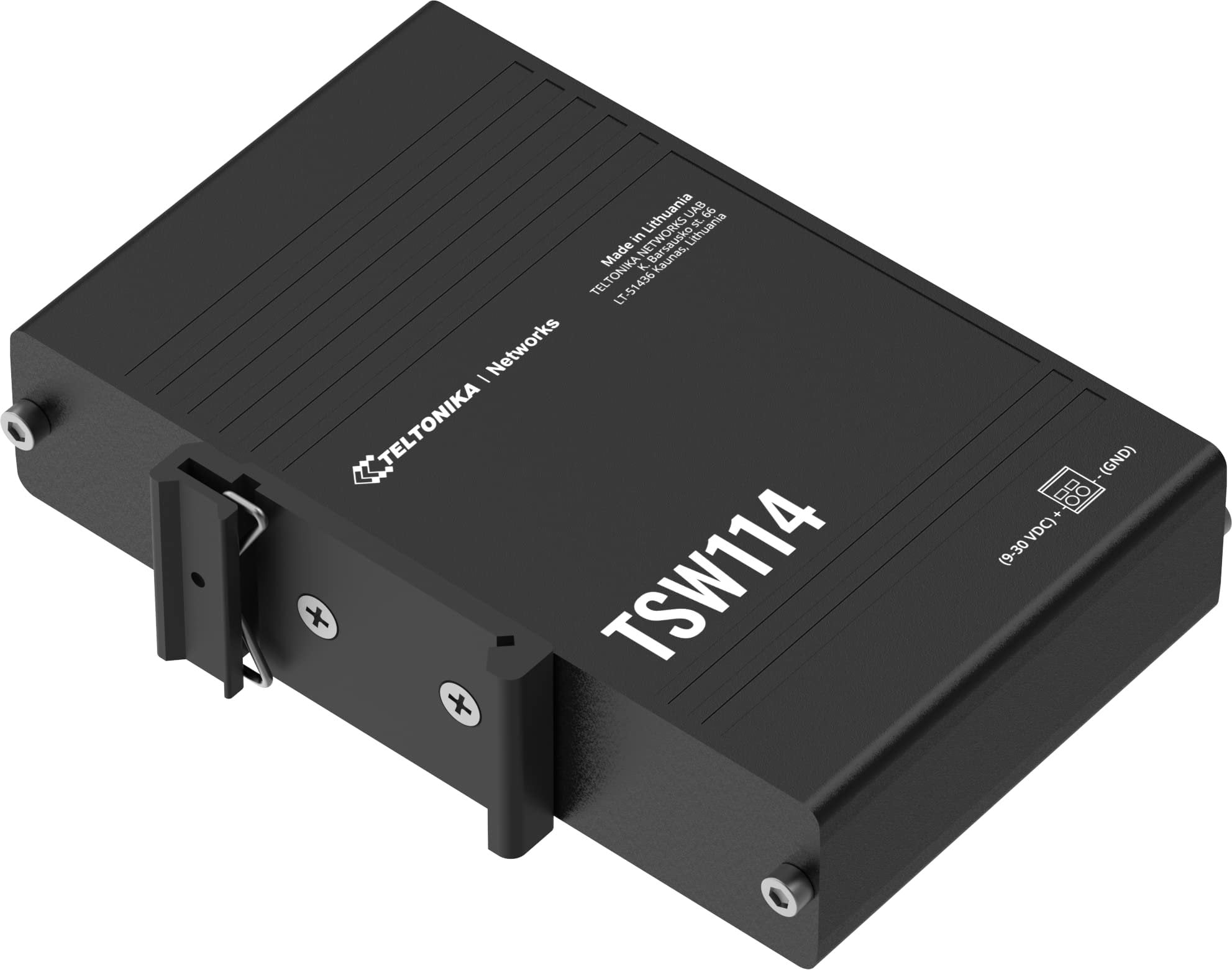 Teltonika TSW114000000 Model TSW114 DIN Rail Switch, Black; Integrated DIN Rail Bracket; 5X Ethernet Ports; Plug-N-Play; Aluminum Housing; Non-Blocking Bandwidth up to 10 Gbps; PSU Not Included