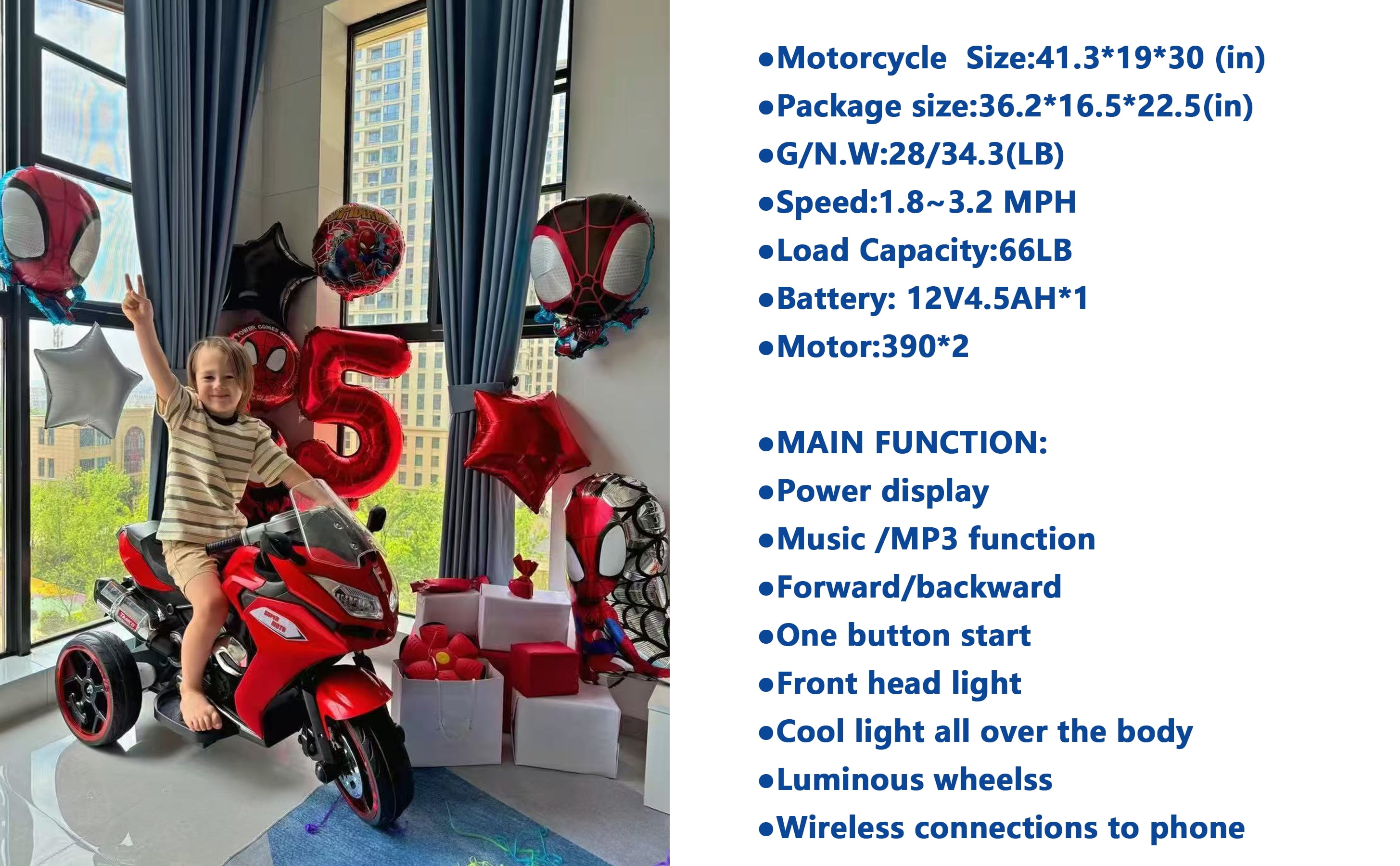 Kids Electric Motorbike 12V Battery Powered with LED Lights, Music for Ages 3-6