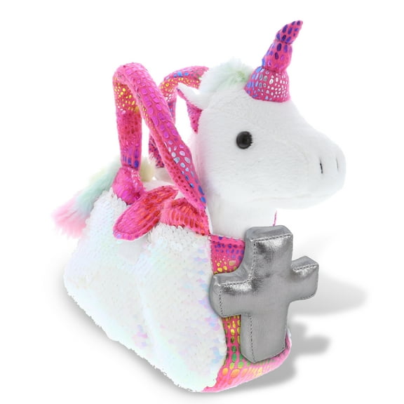 DolliBu Pink Unicorn Plush Purse Stuffed Animal with Silver Cross Plush - Religious Baby Baptism Gifts for Boys and Girls, Christening Gifts Plush Prayer Toy Healing Stuffed Animal- 9 Inches