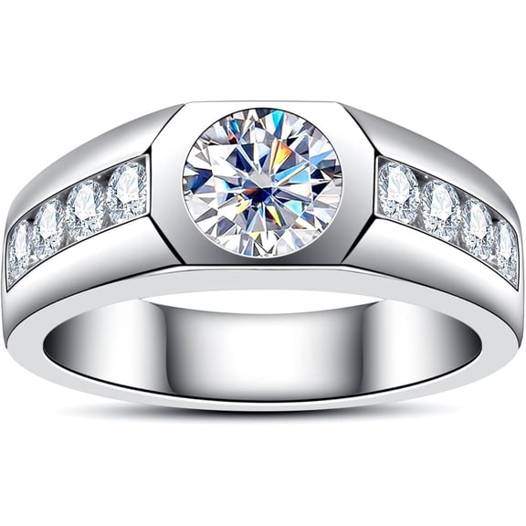 Tanishq Creation 1.30 Ct Round Cut White Moissanite Men's Ring 18k White Gold Over Silver Size- 5