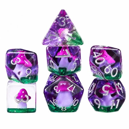 DND Polyhedral Dice Set – Purple Mushroom Core Transparent Resin 7-Piece RPG Dice for DND & Tabletop Games