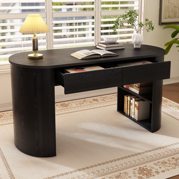 Christopher Knight Home 60.3" Modern Storage Writing Desk, MDF Office Table with Drawers and Open Shelf, Black
