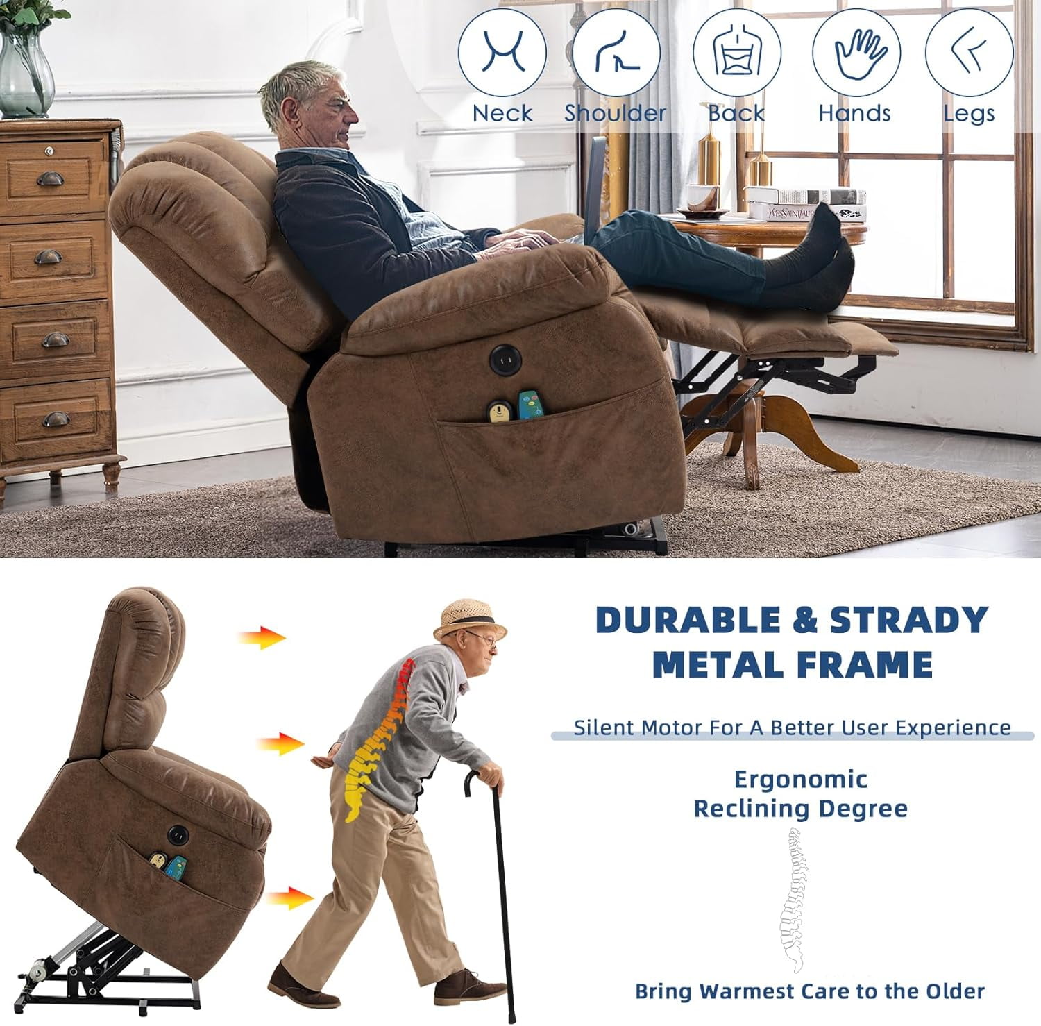 Large Electric Power Lift Recliner Chair with Extended Footrest for Elderly Tall Man, Overstuffed Heated Massage Wide Reclining Sofa with 2 Remote Controls, Side Pockets & USB Ports, Brown