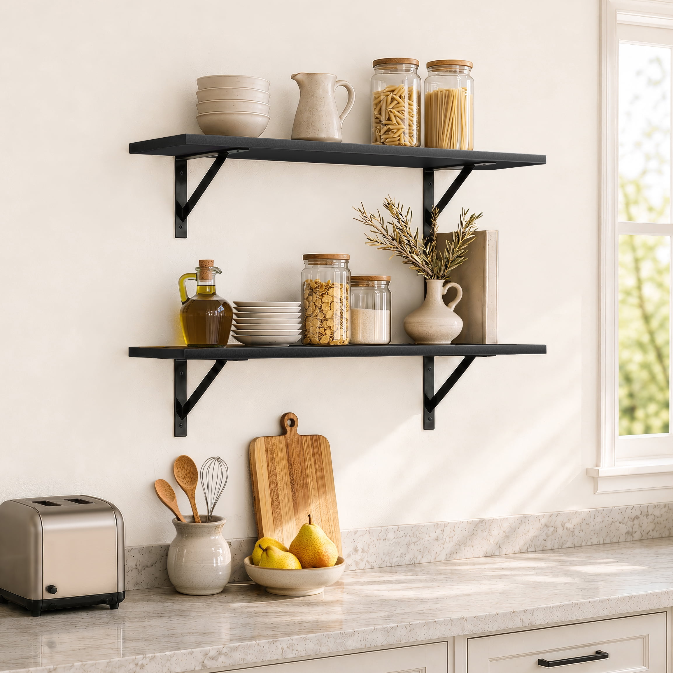 Sorbus 31.5 in Wood Wall Shelves with Black Metal Brackets, Black, 2-Piece Set