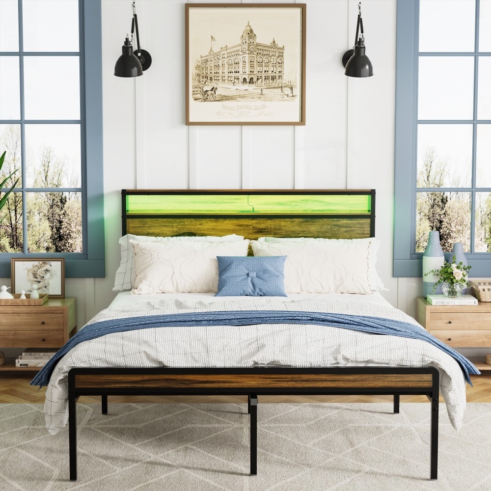 Storage Headboard Bed Frame - Charging Station, Easy Assembly