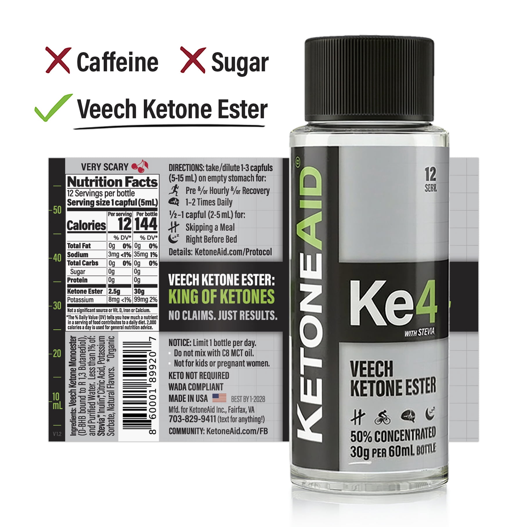 KetoneAid Ke4 Ketone Ester Concentrate, 12 Pack, 144 Serv., 60mL, Zero Carb, Keto Not Required