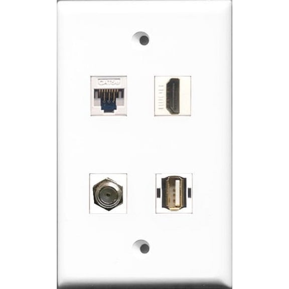 RiteAV - 1 Port HDMI and 1 Port Coax Cable TV- F-Type and 1 Port USB A-A and 1 Port Cat5e Ethernet White Wall Plate