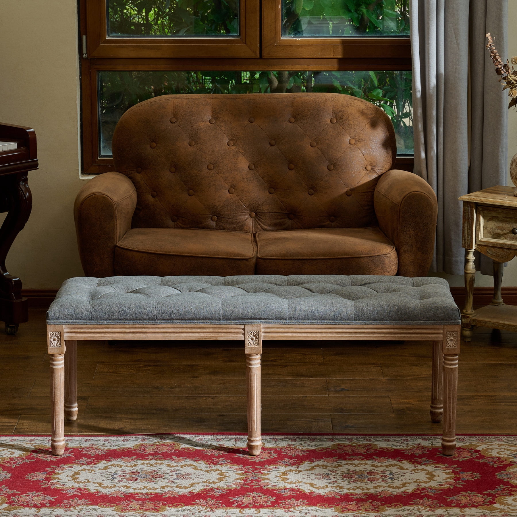French Vintage Bench 48" Upholstered Ottoman w Button Tufting & Carved Wood Gray