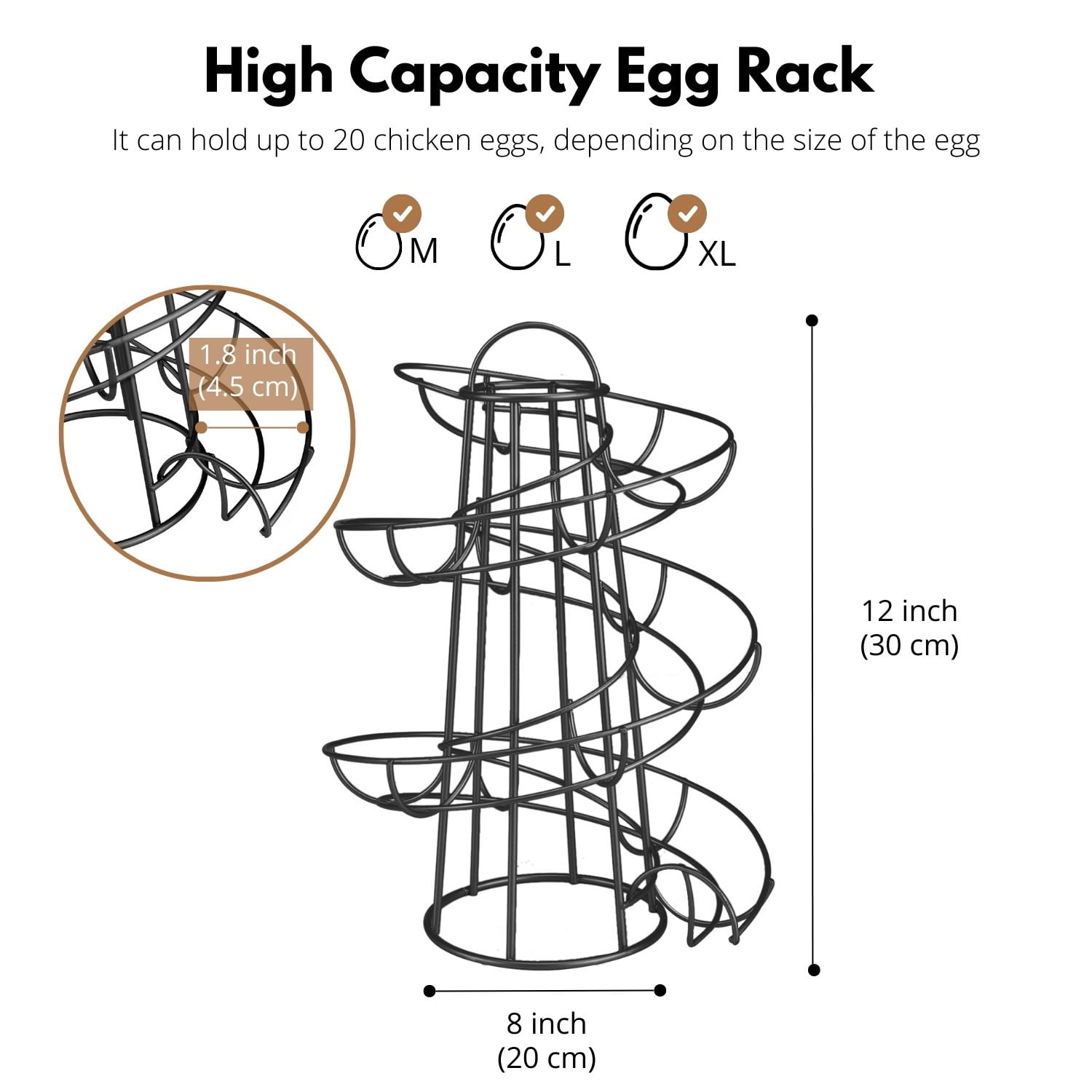 Egg Skelter Deluxe Modern Spiraling Dispenser Rack (Medium) - Chrome Plated Freestanding Wire Chicken Egg Storage Organizer Display Holder Basket for Countertop Kitchen, Black