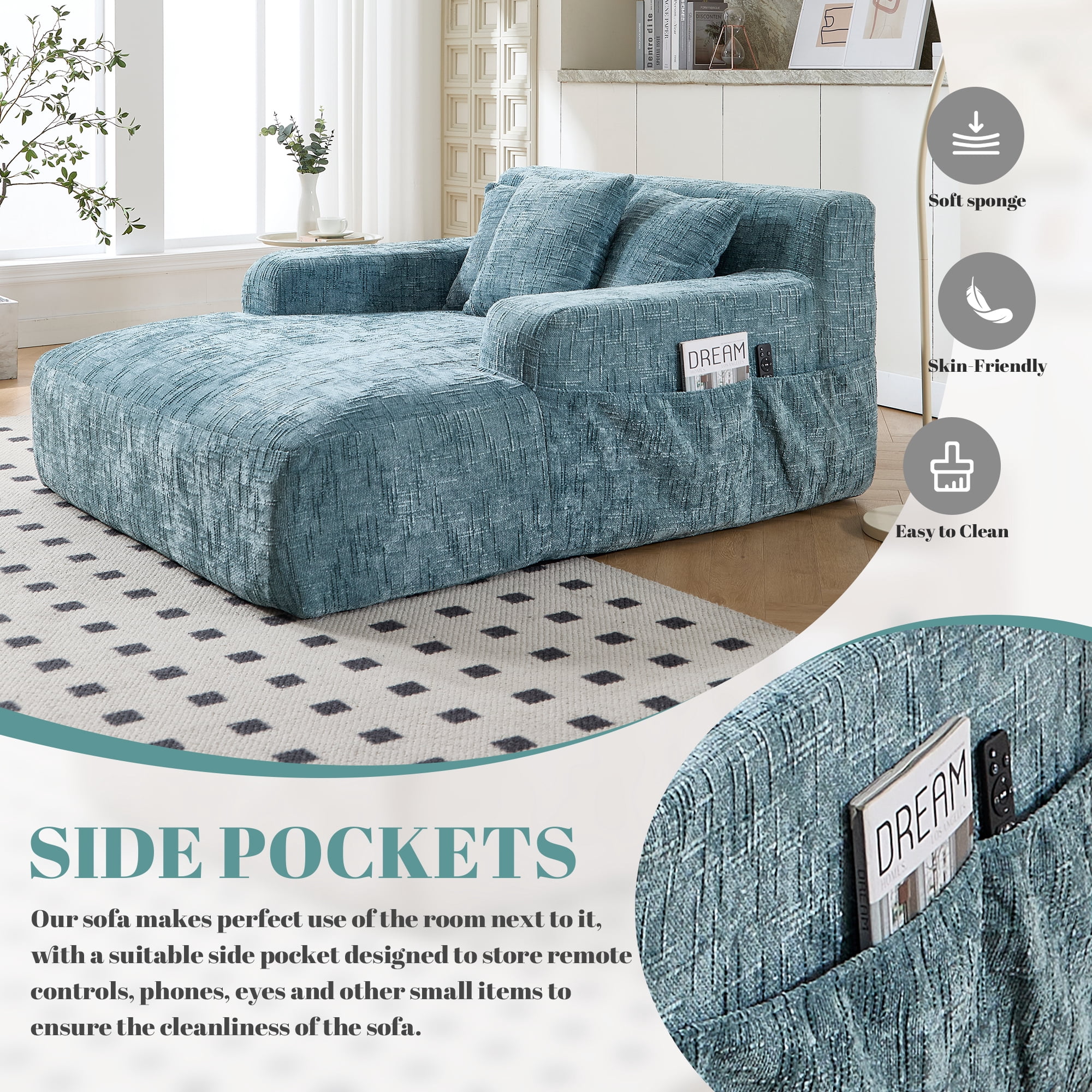 MOONMISS Chenille Upholstered Deep Seat Bean Bag Lazy Sleeping Sofa Chair with Three Pillows and Side Pocket-Mint Blue