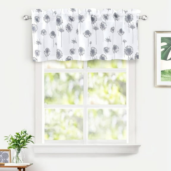 DriftAway Dandelion Floral Flower Lined Thermal Insulated Energy Saving Window Curtain Valance for Living Room/Bedroom/ Kitchen/Kids, 2 Layer, Rod Pocket, 52"x18" 2”Header (Gray)