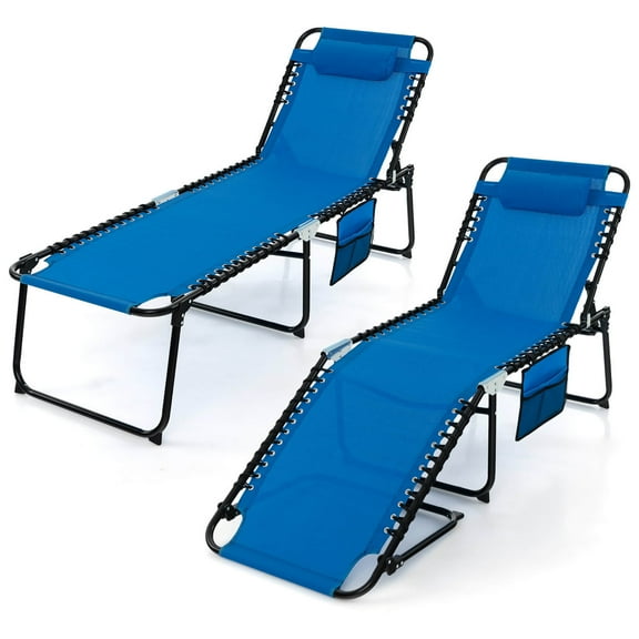 Gymax 2 PCS Folding Chaise Lounge Portable Lay Flat Reclining Chair w/ 4-Level Backrest Side Pocket Navy