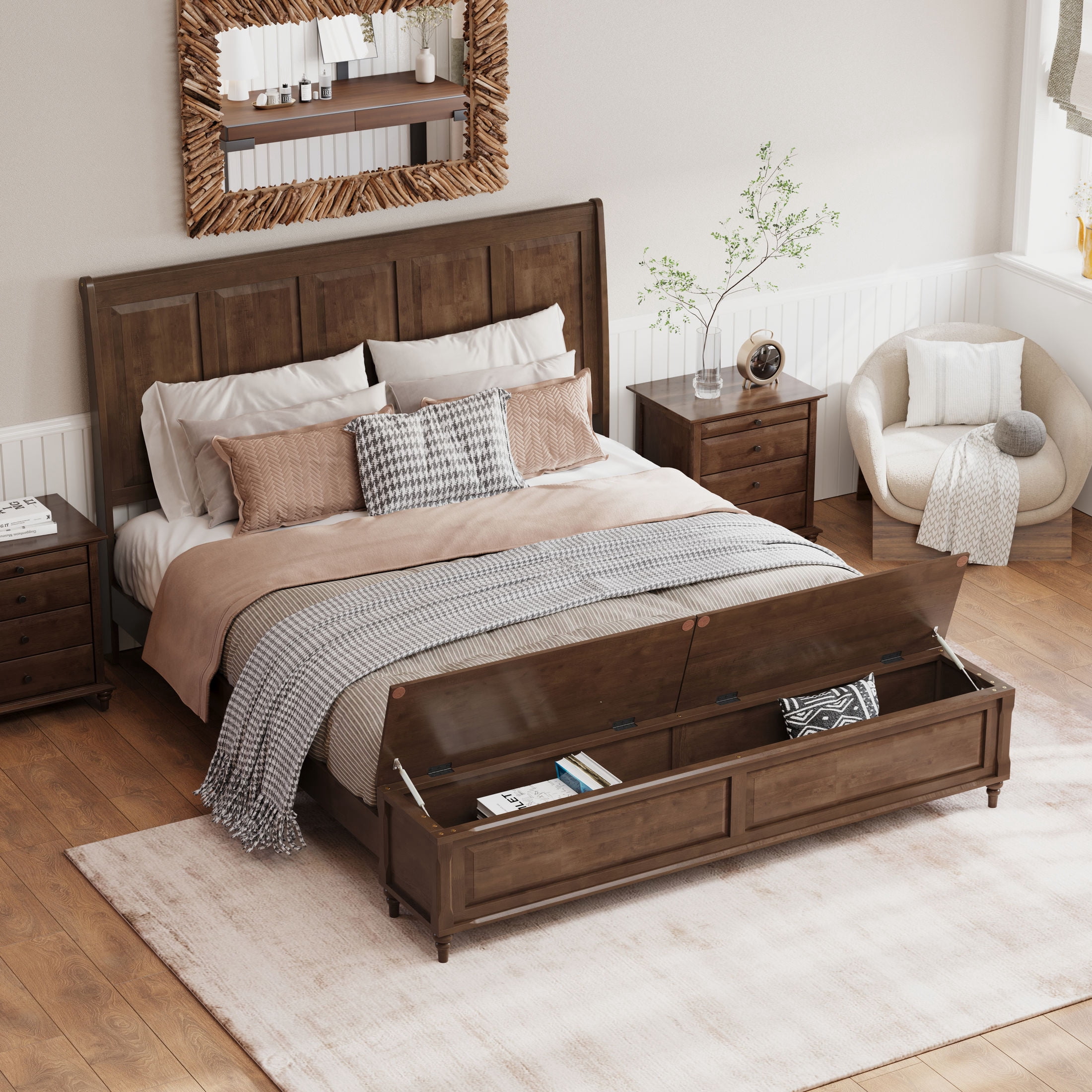GDF Studio King Size Solid Wood Sleigh Bed with Tall Headboard and Storage Bench, Walnut