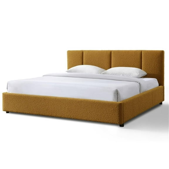 Pemberly Row Upholstered Platform King Bed in Mustard Boucle Fabric