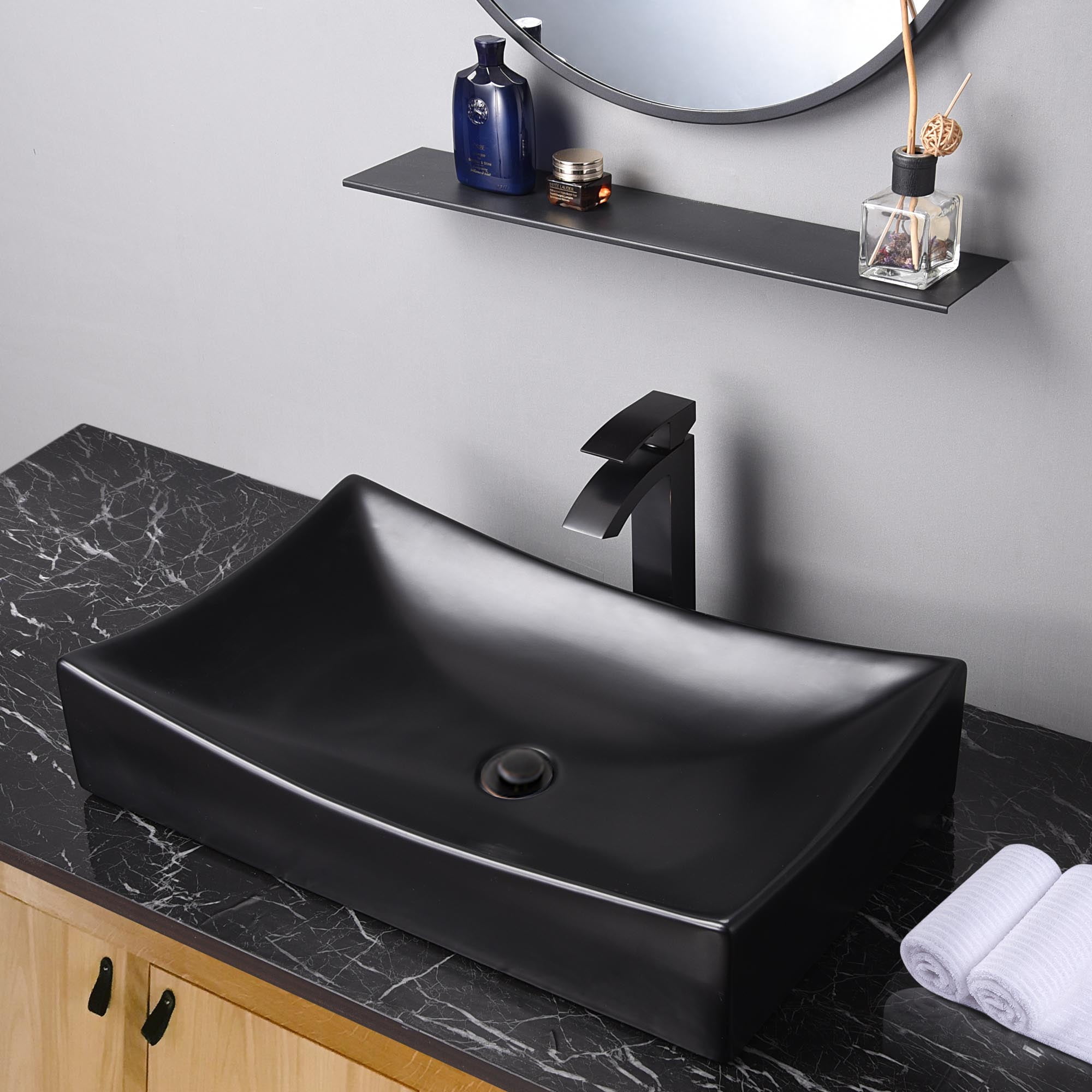 26" Black Rectangle Bathroom Vessel Sink Above Counter Porcelain Pop up Drain 