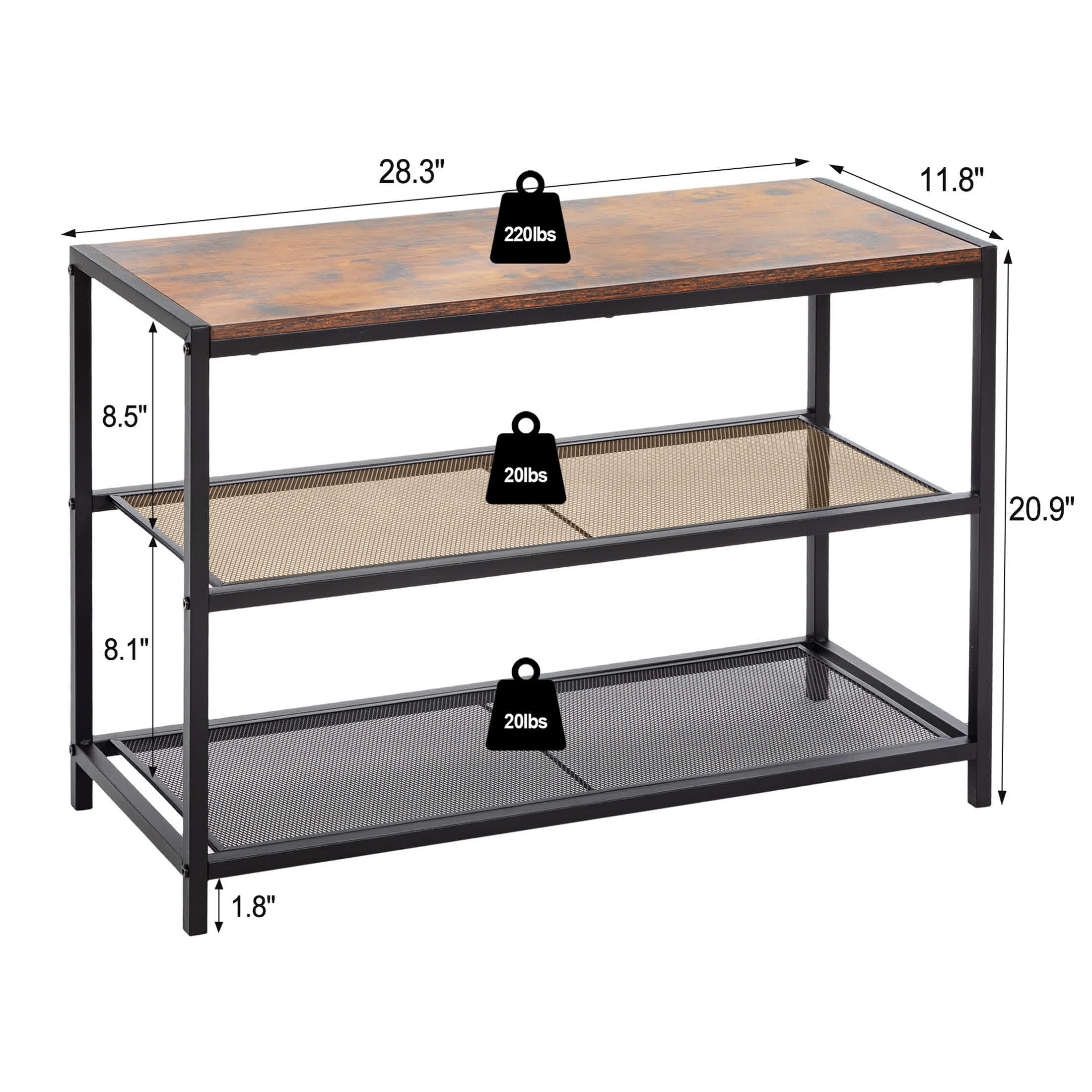 edx Shoe Rack Bench, 3-Tier Industrial Shoe Storage Organizer, 28.3inches Entry Bench with Mesh Shelves for Living Room, Entryway, Rustic Brown