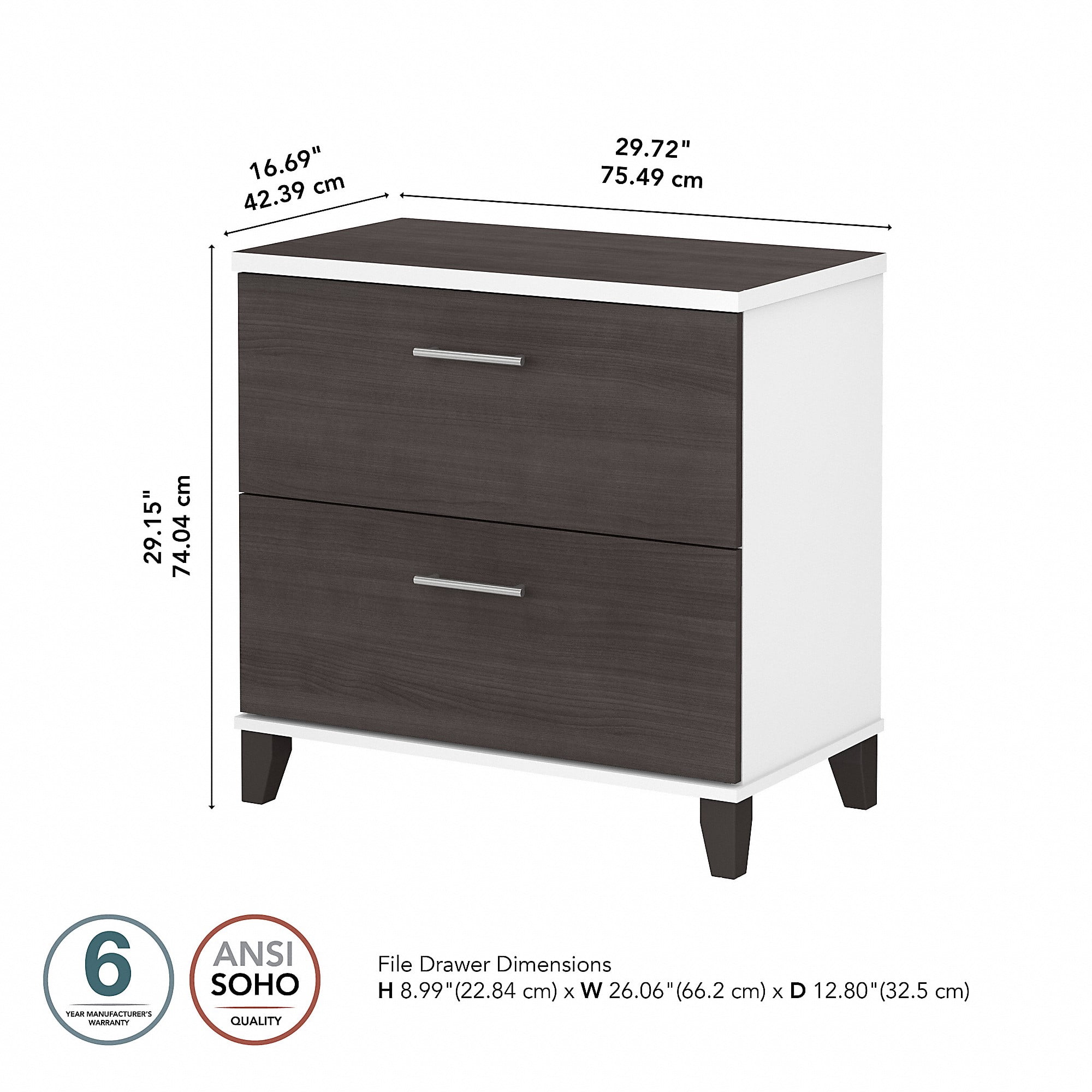 Bush Furniture Somerset Lateral File Cabinet, 2 Drawer, Storm Gray & White