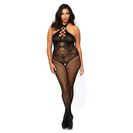 Leg Avenue Women's Fishnet Seamless Cut Out Halter Bodystocking with Floral Detail, Black, Plus Size