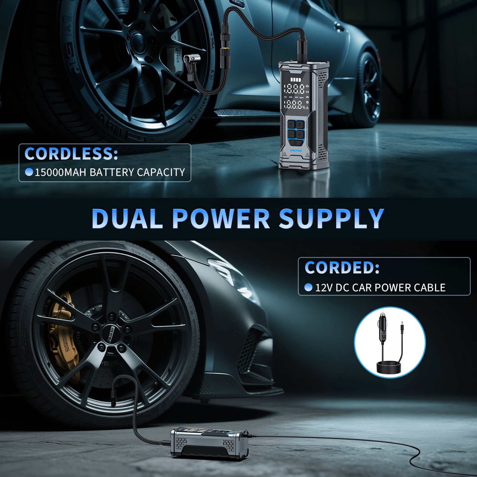 AVAPOW 180PSI Cordless Tire Inflator, Portable Air Pump for Car Tires with Auto Shutoff, Digital Pressure Gauge & LED Light, Fast Inflation for Car/Truck/Bike/Motorcycle/Ball