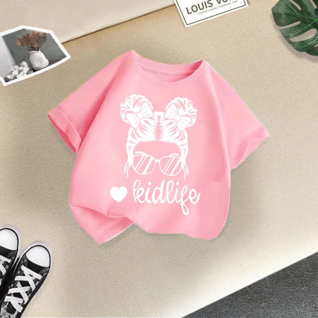 CHAOLEI T-Shirt Graphique Mignon pour Filles, Col Rond, Manches Courtes, Été, Décontracté, Rose, 8-9 Ans