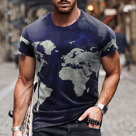 blue shirts men men's spring and summer casual retro distressed printed t-shirt vintage round neck short-sleeved shirt top