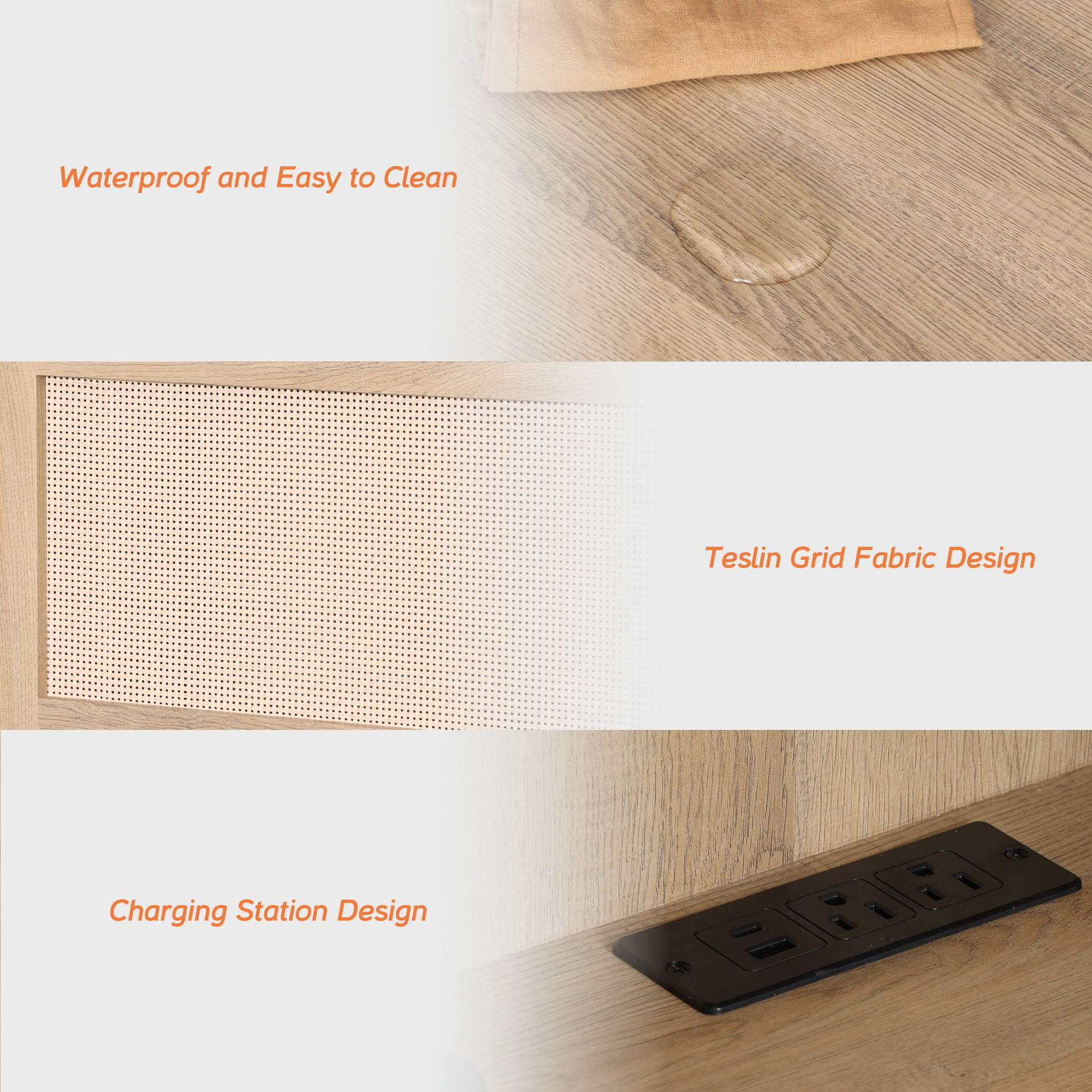 Floating TV Stand with Power Outlet and Rattan Doors，Oak