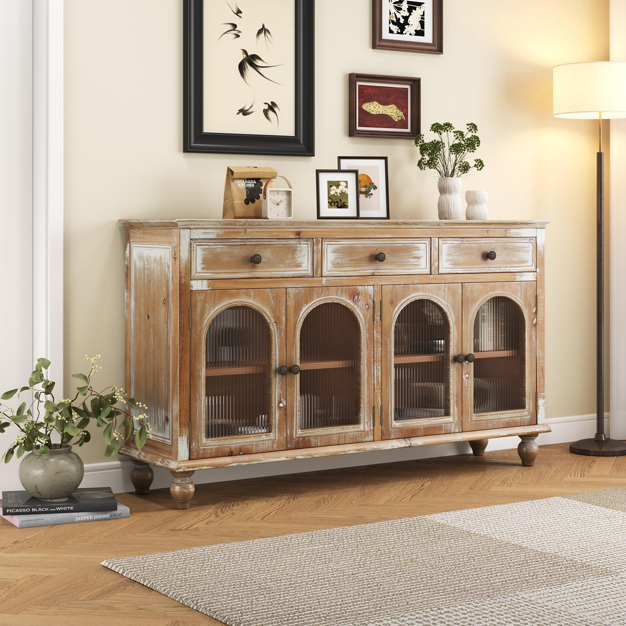 AENKYO 59" Farmhouse Sideboard Buffet, Distressed Wood Credenza with 3 Drawers & 4 Fluted Glass Doors, Natural