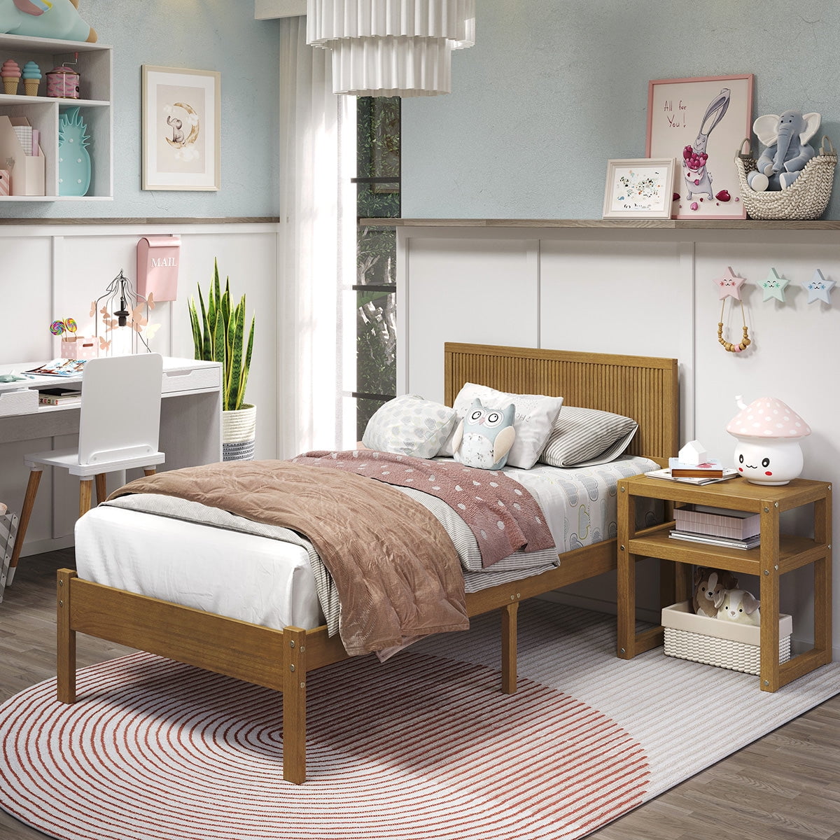 P'kolino Reeded Wood Twin Bed Frame with Headboard- Solid Wood, Natural Oak, for Kids, Teens