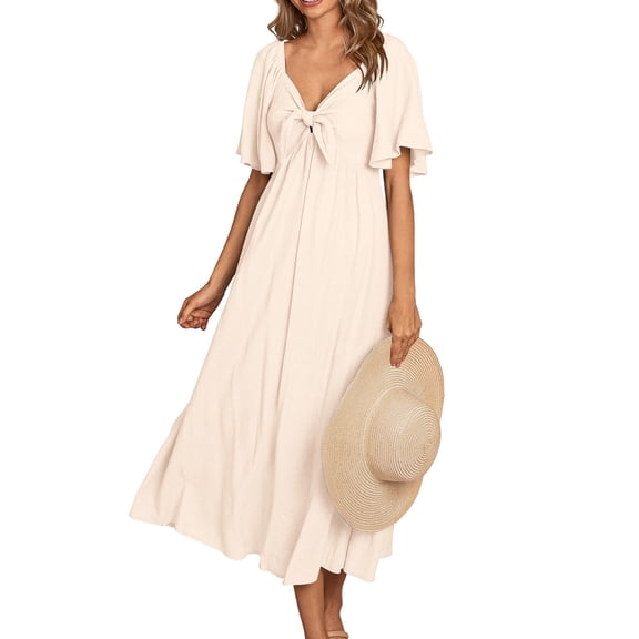 Munlar Womens V Neck Sundress Beige A-line Flowy Short Sleeve Midi Dress Summer Ruffle Dress for Women