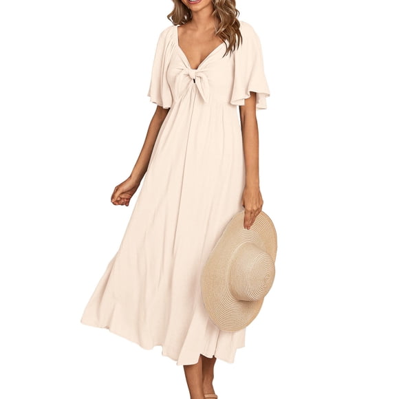 LOVZFMLL Women Fashion Summer-Neck Short Sleeve Solid Waist Dresses Beige M