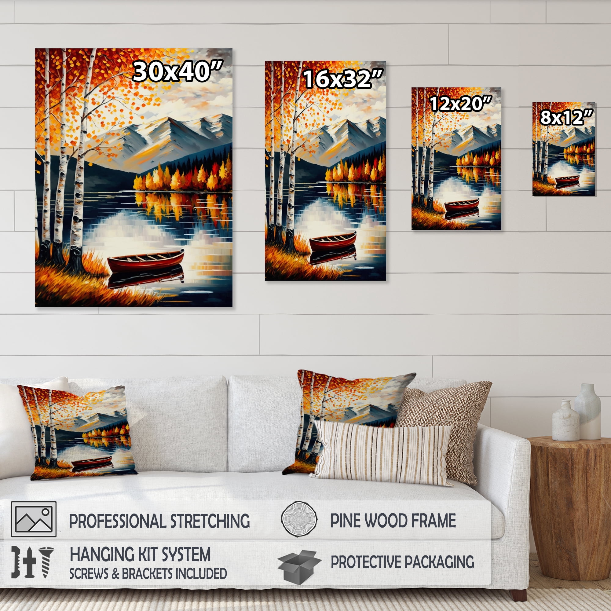 Designart Red And Orange Birch Trees By The Lake VII Canvas Wall Art