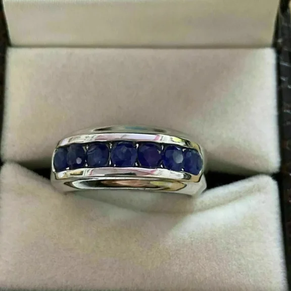 Men's Wedding Eternity Band Ring 2.00Ct Round Cut Simulated Blue Sapphire 14K White Gold Plated Silver