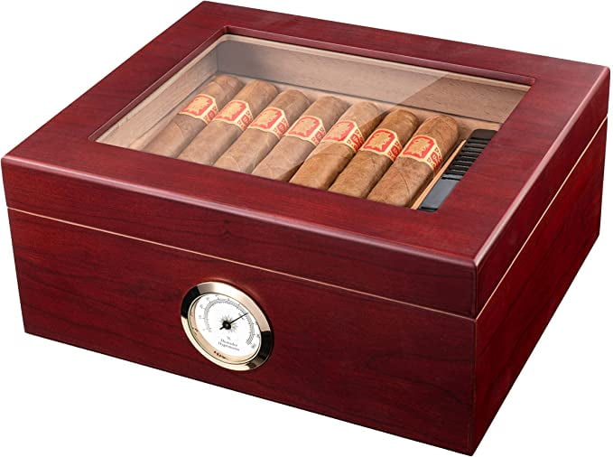 Mantello Royal Glass-Top Cigar Humidor - Box For 25-50 Cigars With  Hygrometer & Divider Spanish Cedar Wood Interior, Rich Cherry Finish Walmart.com