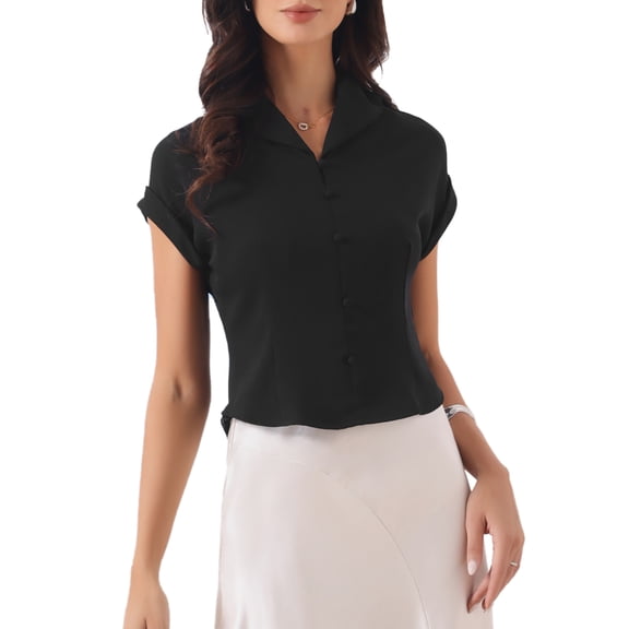 INSPIRE CHIC Dressy Top for Women's Lapel Collar Office Cap Sleeve Button Lightweight Work Blouse XS Black