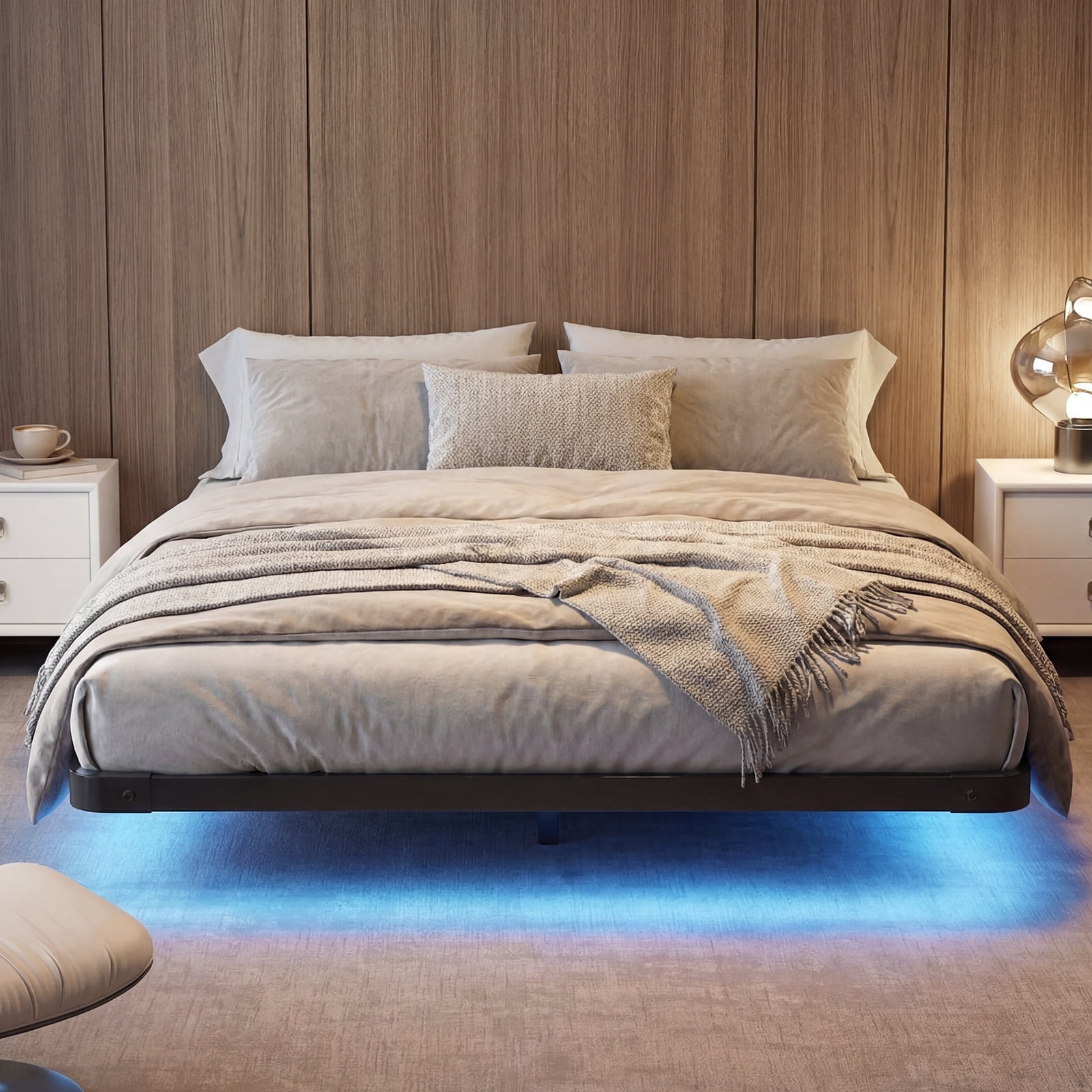 Fairy Full Size Bed Frame with Charging Station, LED Lights, Heavy-Duty Metal Platform, Black