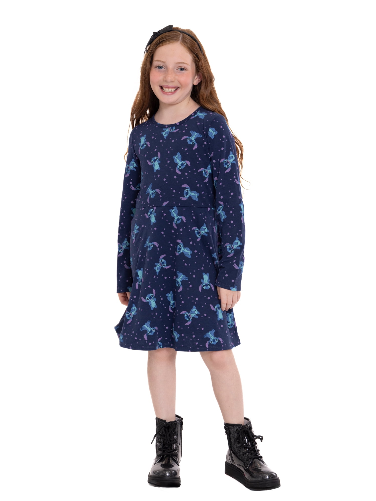 Stitch Girls Print Skater Dress with Long Sleeves, Sizes 4-16