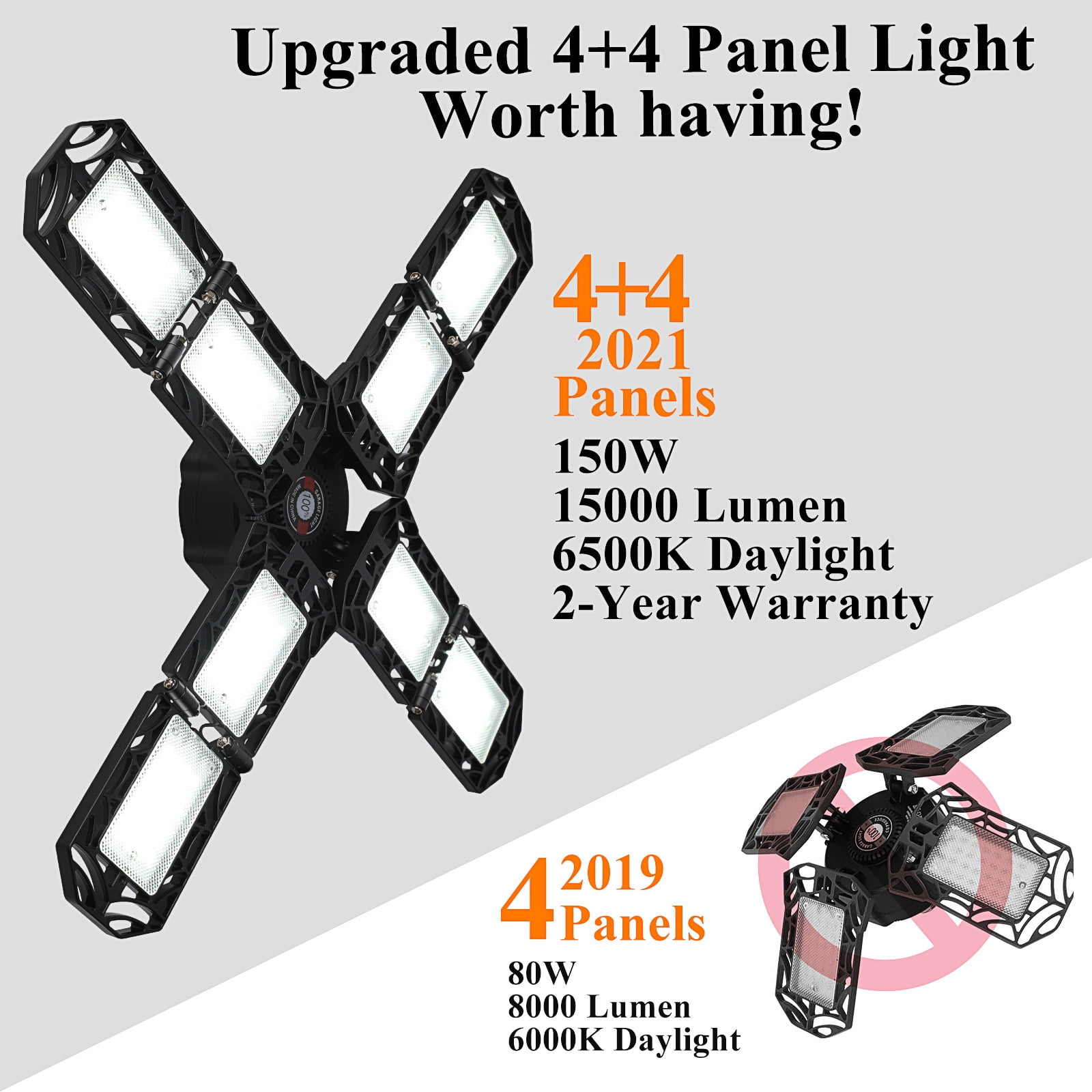"2 Pack Garage Light ,150W Deformable LED Garage Light ,8 Adjustable Panels Commercial Bay Lighting,E26/E27 Base Shop Lights ,Garage Light Bulb, LED Lights for Garage Organization, Basement,Warehouse"