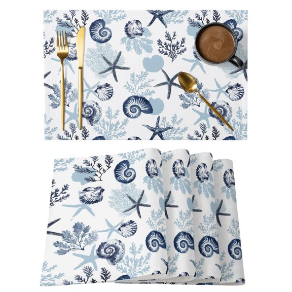 Coastal Shell Conch Placemats Set of 6 Blue Ocean Coral Starfish Place Mats Table Mats Kitchen Dining Home Outdoor Party Table Decoration