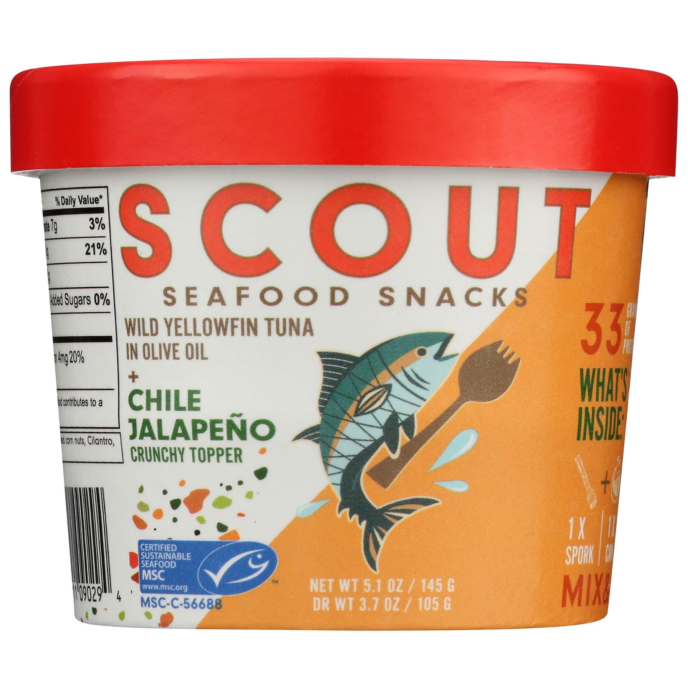 (6 pack) Scout Tuna Snack Kit, Chili Jalapeño, Wild Yellowfin Tuna + Crunchy Mix-in for 33g of Protein on the Go with Spork, 5.1oz Cup