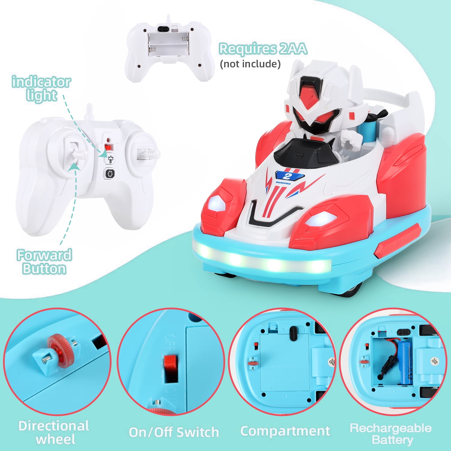 Anpro Remote Control Car for Toddlers, Kids RC Ejecting Bumper Car with Music LED Lights Spray, RC Cartoon Car Speed Bumper Cars Toys Set of 2 Players for Boy Girls 3-10 Years Old