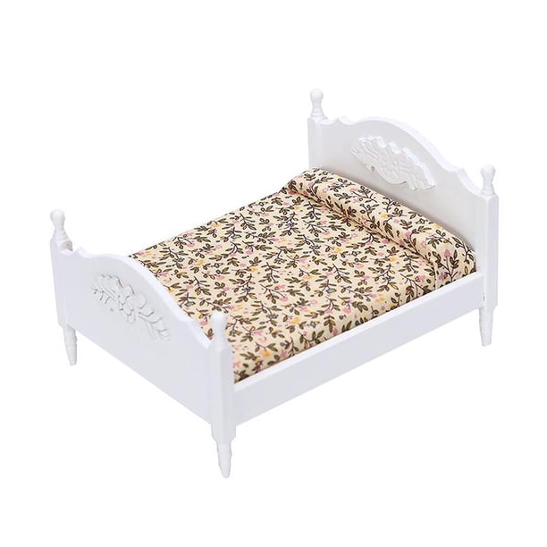 Casa de muñecas en miniatura de madera de abedul a escala 1/12 con cama doble tapizada. blanco