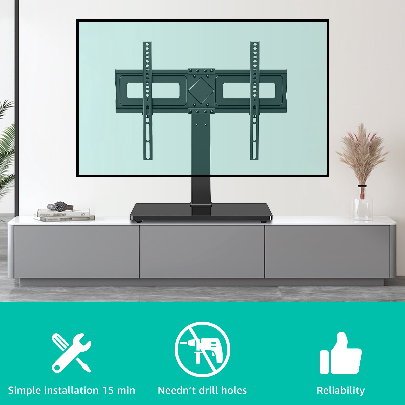 MOUNT PRO Universal Table Top TV Stand for 37-75" TVs, Max 600x400mm, Tabletop TV Mount with 9 Height Adjustable & Tempered Glass Base, Holds up to 88 lbs