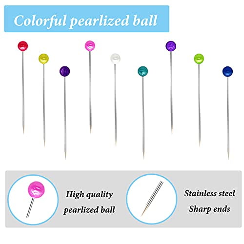 250 PCS Sewing Pins for Fabric, Straight Pins with Colored Ball Glass Heads  Long 1.5inch, Colored Pearl Head Stick Pins for Fabric, Dressmaker, Jewelry  Decoration 