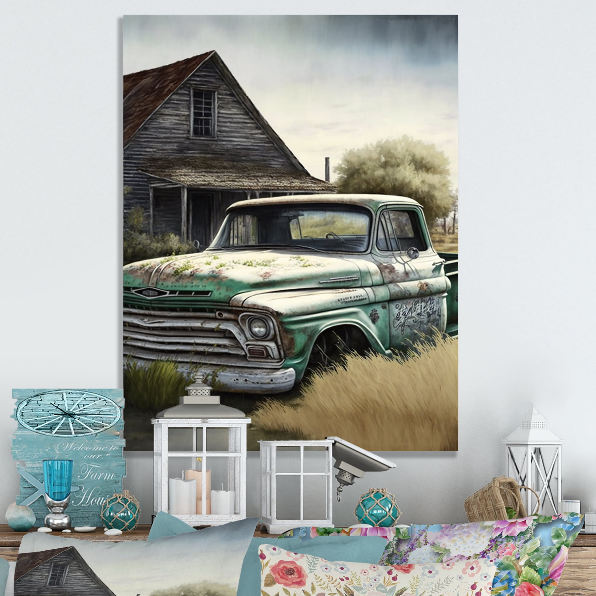 Designart Old American Truck In Barn III Canvas Wall Art