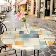 thumbnail image 3 of Abstract Geometric Vintage Elastic Fitted Round Table Cover Blue Orange Squared Lines Waterproof Outdoor Tablecloth for Holiday Party, Picnic, Patio & Dining Fits Tables Up to 36"-44", 3 of 8