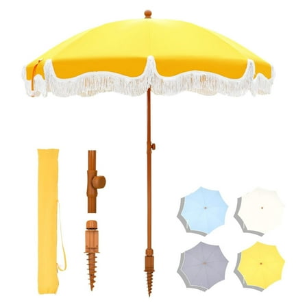7ft Patio Beach Umbrella with Fringe, Tassel Umbrellas with Sand Anchor & Tilt Button, Holiday Outdoor Umbrella with Carry Bag Gold Yellow