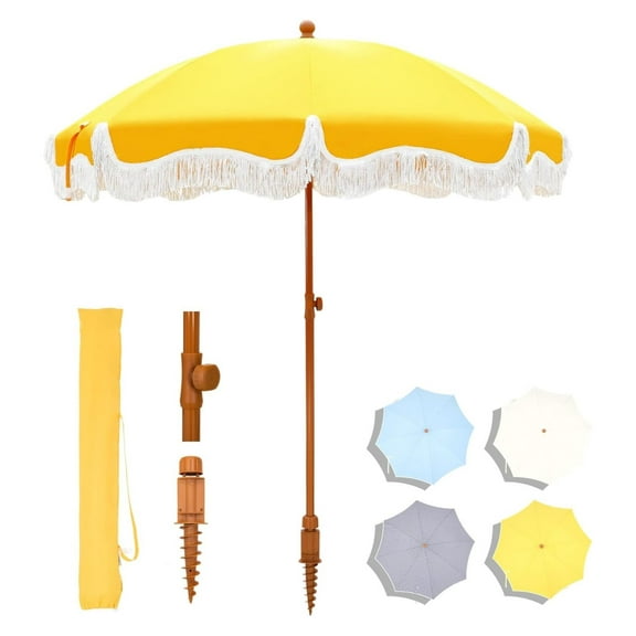 7ft Patio Beach Umbrella with Fringe, Tassel Umbrellas with Sand Anchor & Tilt Button, Holiday Outdoor Umbrella with Carry Bag Gold Yellow