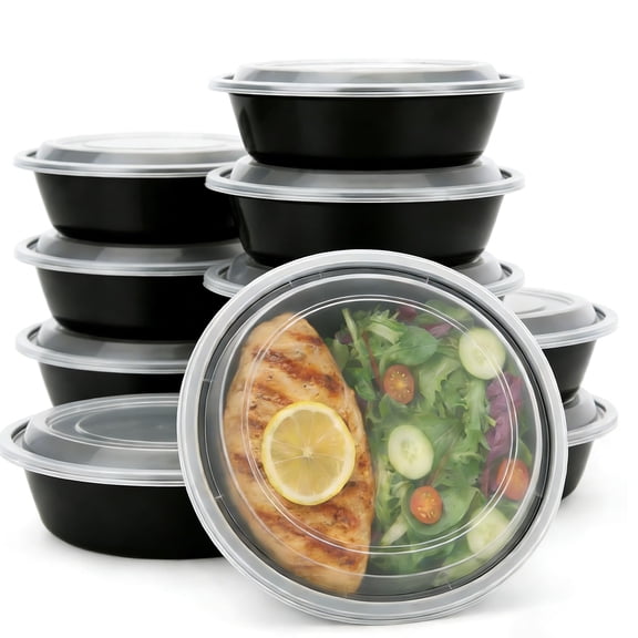 50 Pack (100-Piece), Round 24oz Meal Prep Containers Reusable with Lids, Sturdy Leakproof & Food Safe, Microwave, Freezer, Dishwasher Safe Prep Containers, To Go Take Out Plastic Food Storage 60829